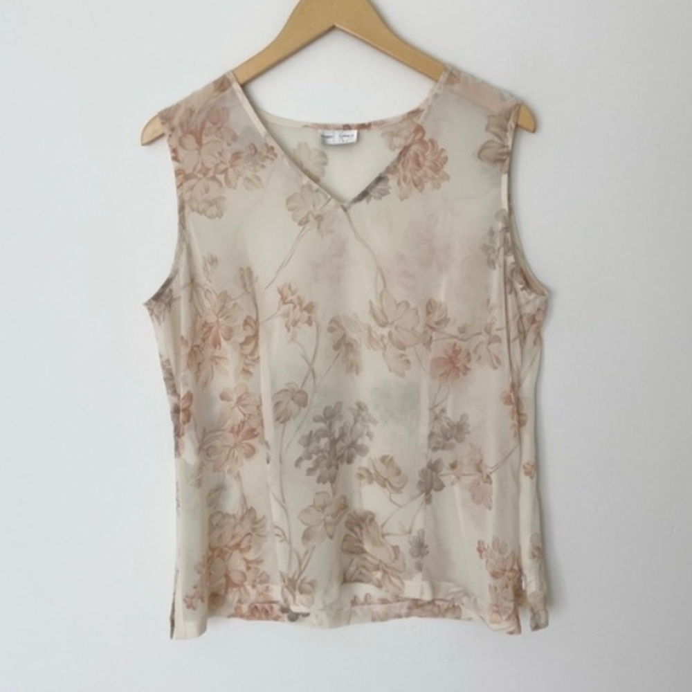 Vintage Sheer Floral Sleeveless Blouse size XL Romantic V Neck Neutral